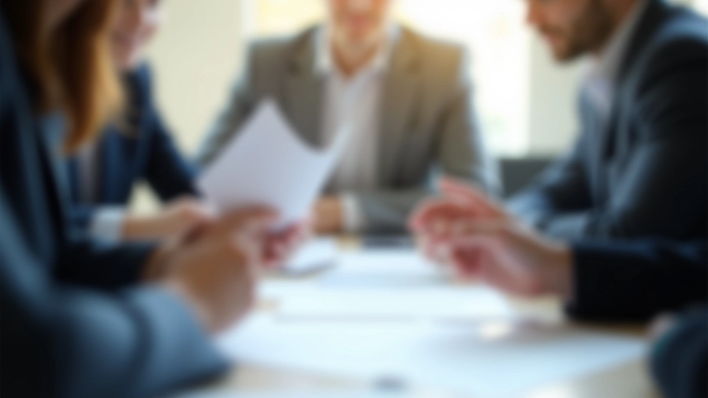 Dois profissionais em ambiente corporativo conversando em mesa de reunião com documentos e café
