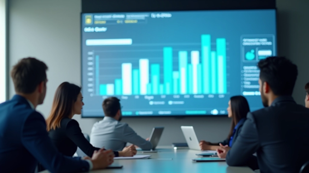 Gráfico de crescimento em apresentação comercial com números e percentagens destacadas em cores vibrantes