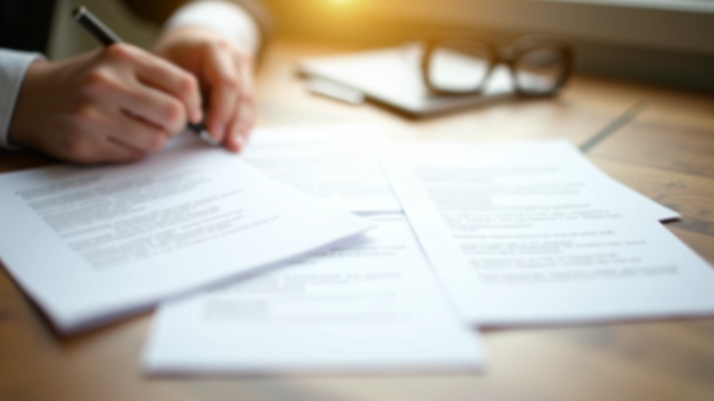 Mesa de trabalho com documentos de contrato, caneta e óculos de leitura sobre superfície de madeira