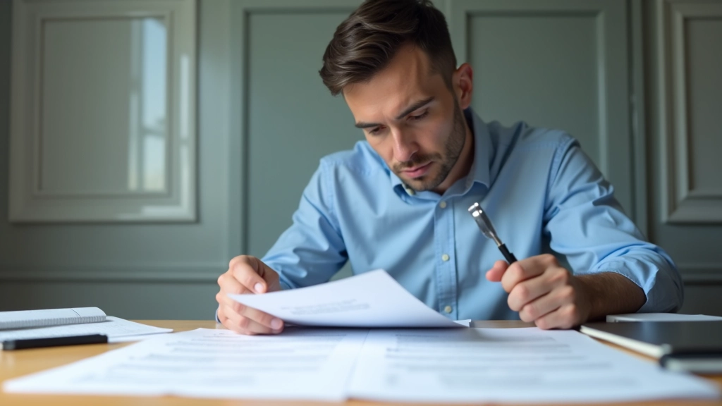Profissional analisando documentos com lupa em mesa com notas coloridas e lista de verificação